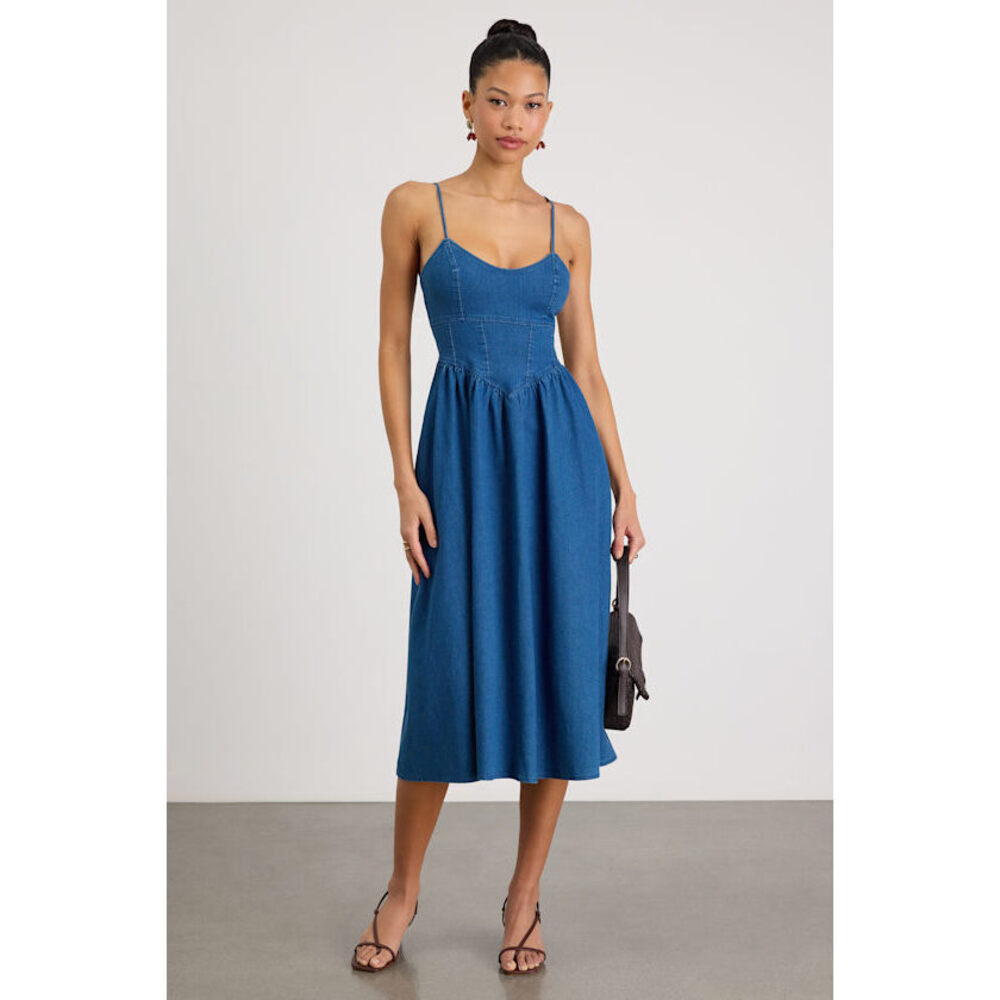 Lulus Londrina Medium Wash Denim Basque Waist Midi Dress Blue - Size M